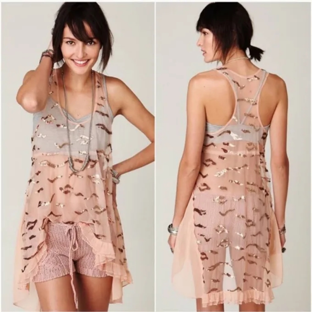 Merry Happy High Low Grey Sheer Sequin Tunic Dress Size Small
